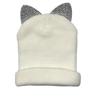 Cat Ear Beanie Rhinestone and Mirror Ears Ivory Colored OS
